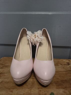 Blush Pink Rhinestone Heels Floral Bridal Pumps Platform Wedding Shoes Size 9.5